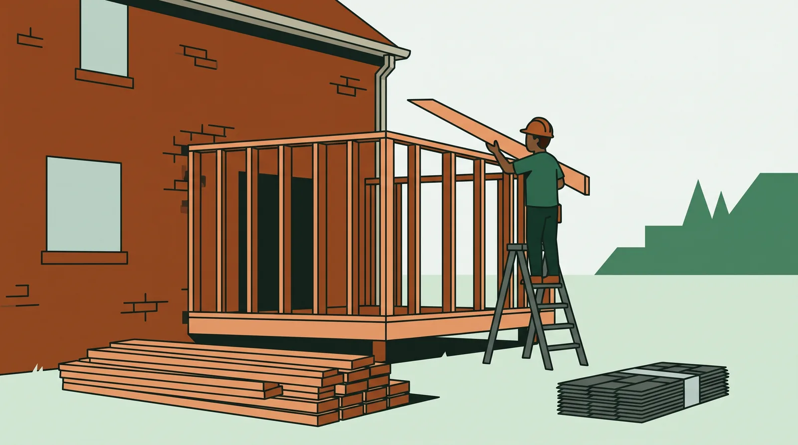 A rear addition being framed onto the back of a brick house, with a tradesperson on a stepladder fitting a rafter