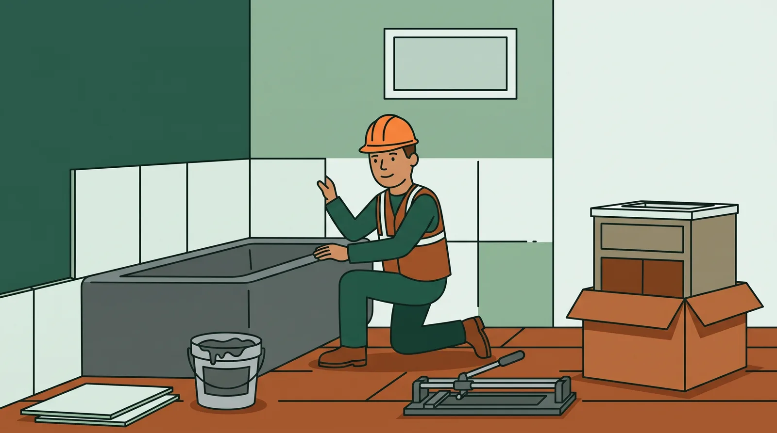 A tiler setting wall tiles around a new bathtub, with the new vanity still in its box