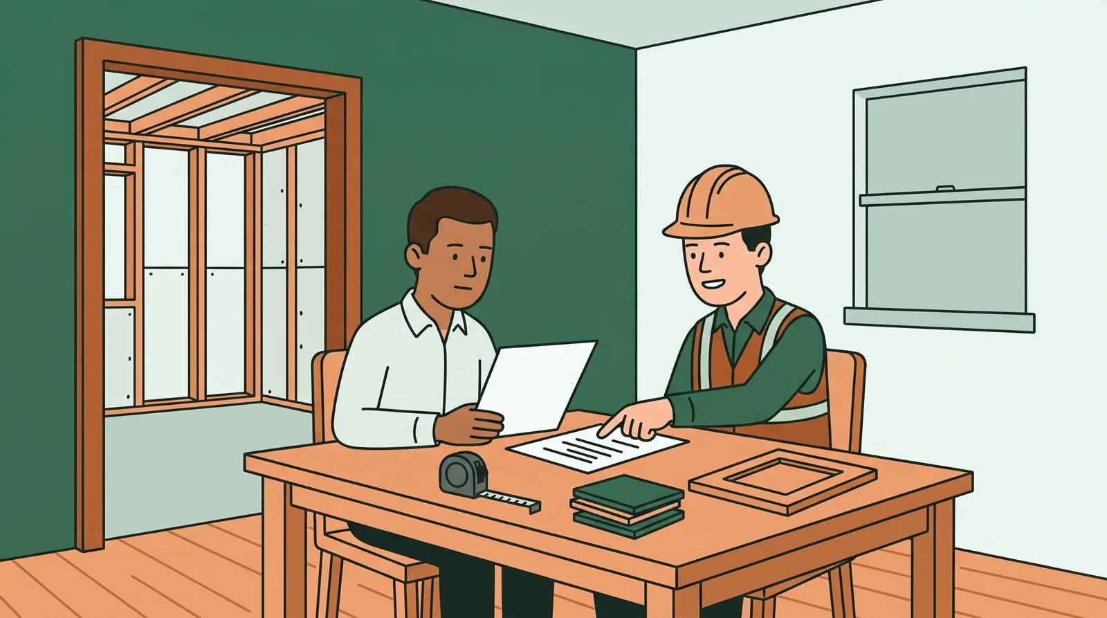 A homeowner and a contractor going over a printed renovation quote at a kitchen table