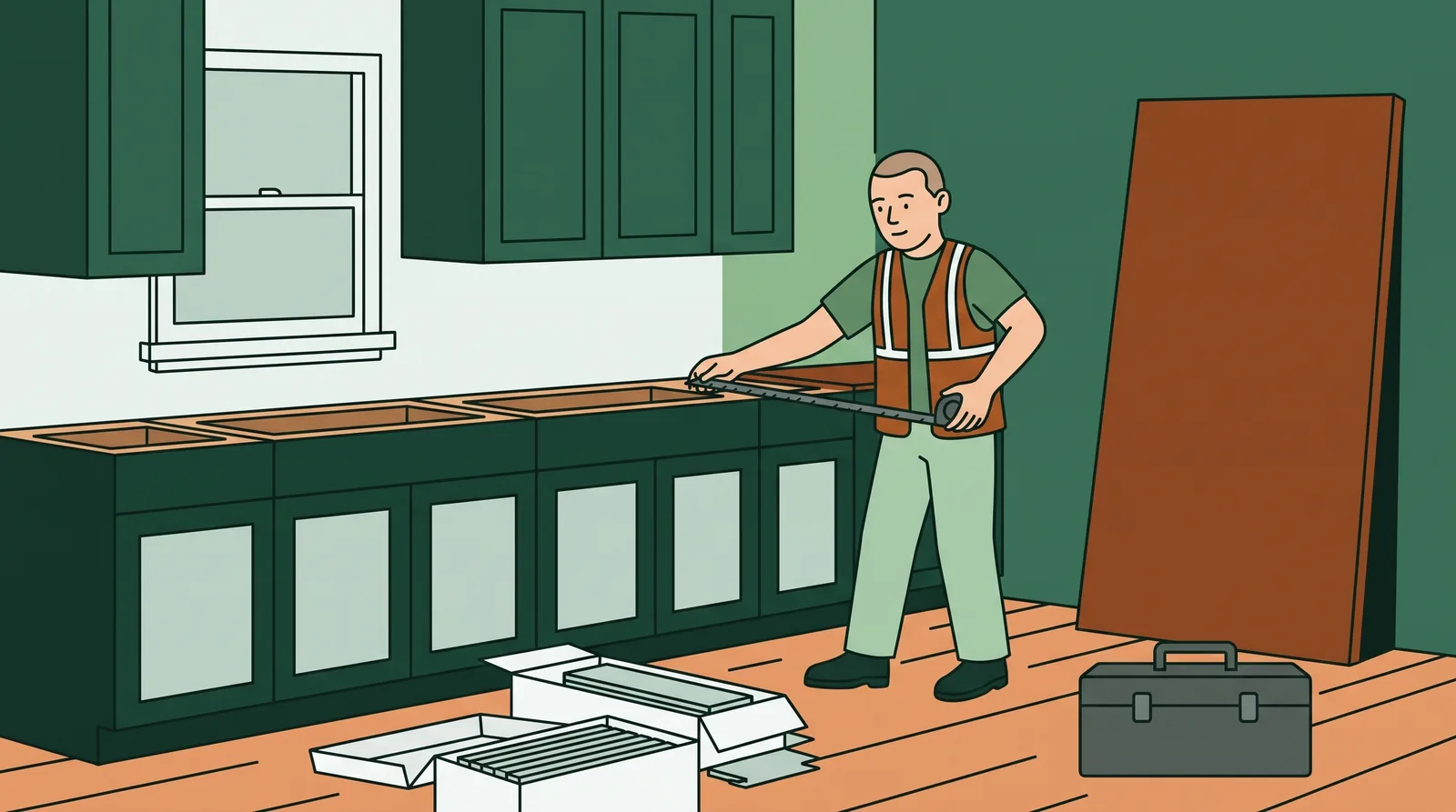 A kitchen mid-renovation, with a tradesperson measuring new base cabinets for their countertop under upper cabinets already on the wall