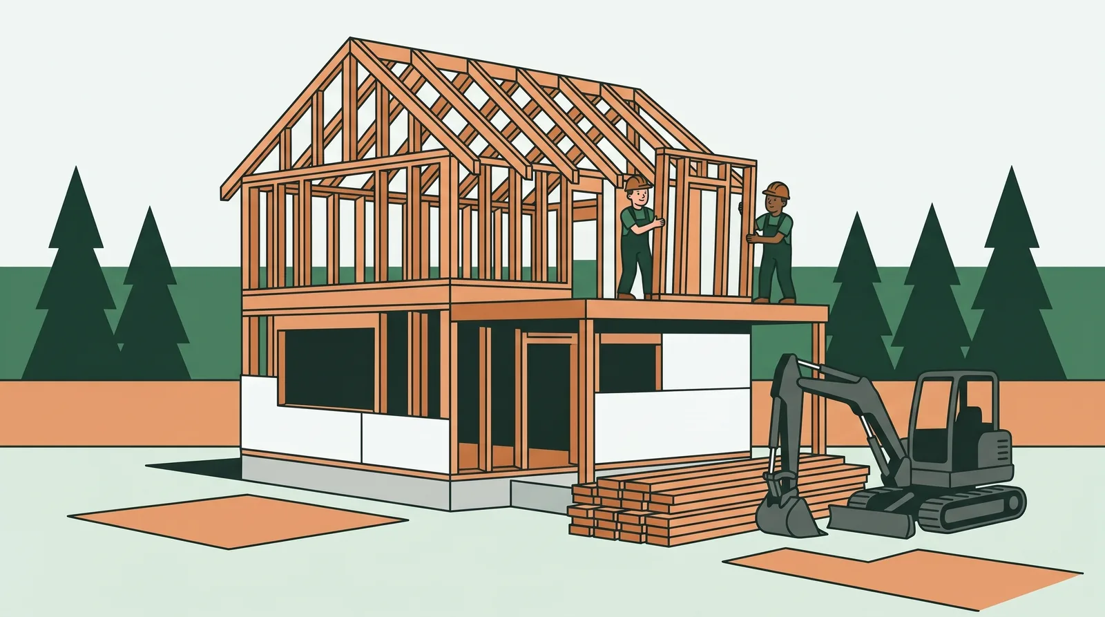 Framers raising the walls of a new two-storey house on a suburban lot
