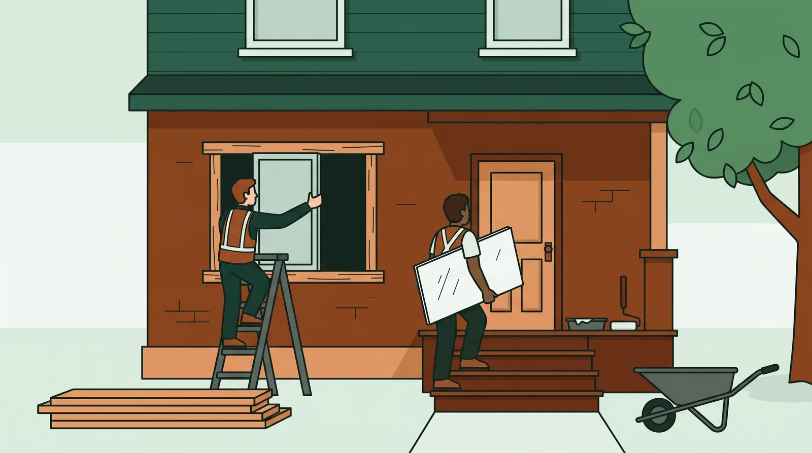 Tradespeople renovating a two-storey brick house, one fitting a new window from a ladder and another carrying drywall up the front steps