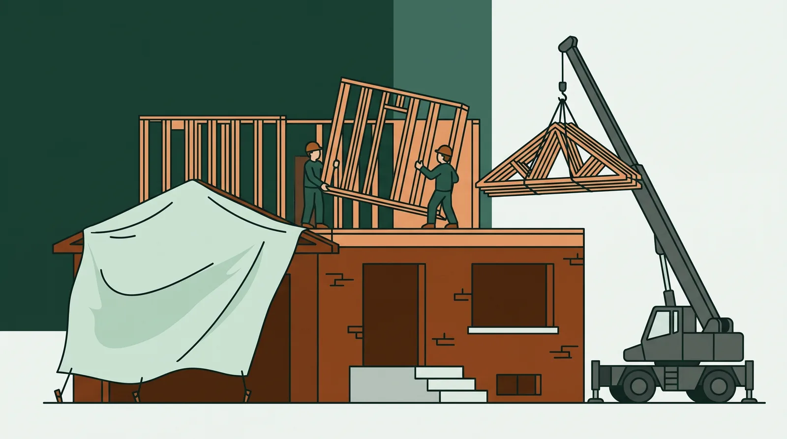 Framers building a new second storey on top of a bungalow while a crane lifts roof trusses into place