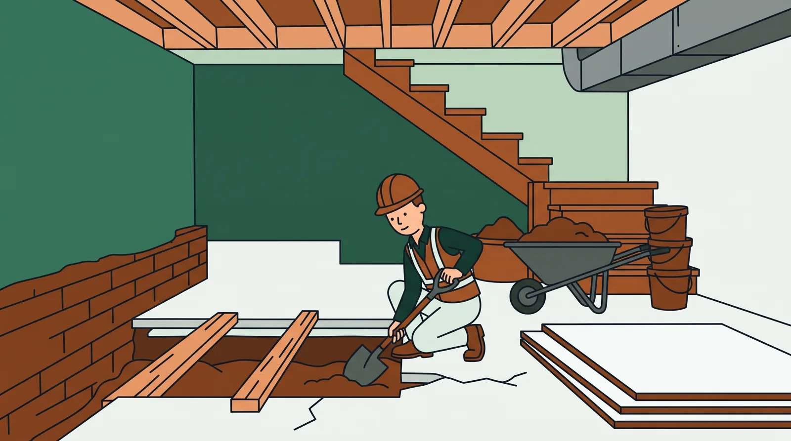 A worker digging under a foundation wall section by section to lower a basement floor